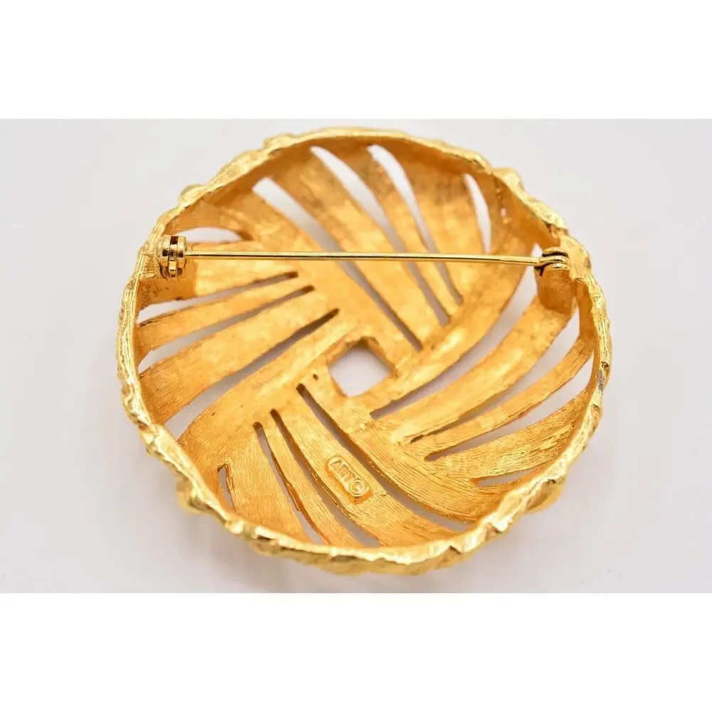 Art Vintage Round Pin Brooch Brushed Textured Gold Signed Chunky 1950s Bin4